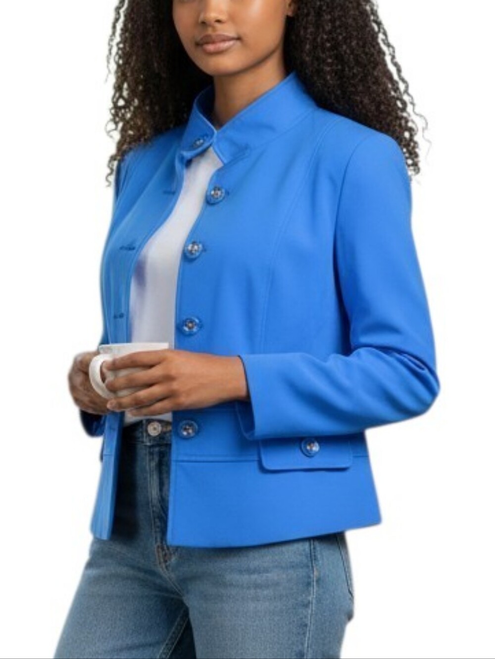 Chic Per Se Blue Stand Collar Button Jacket Women’s Blazer Size 8